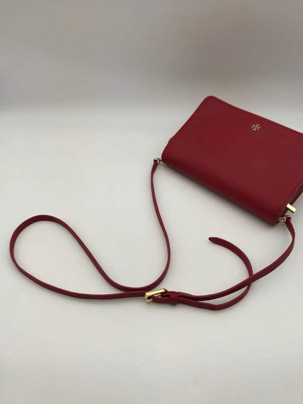 Tory Burch Red Saffiano Leather Crossbody Wallet On Chain Clutch Purse Gold Logo